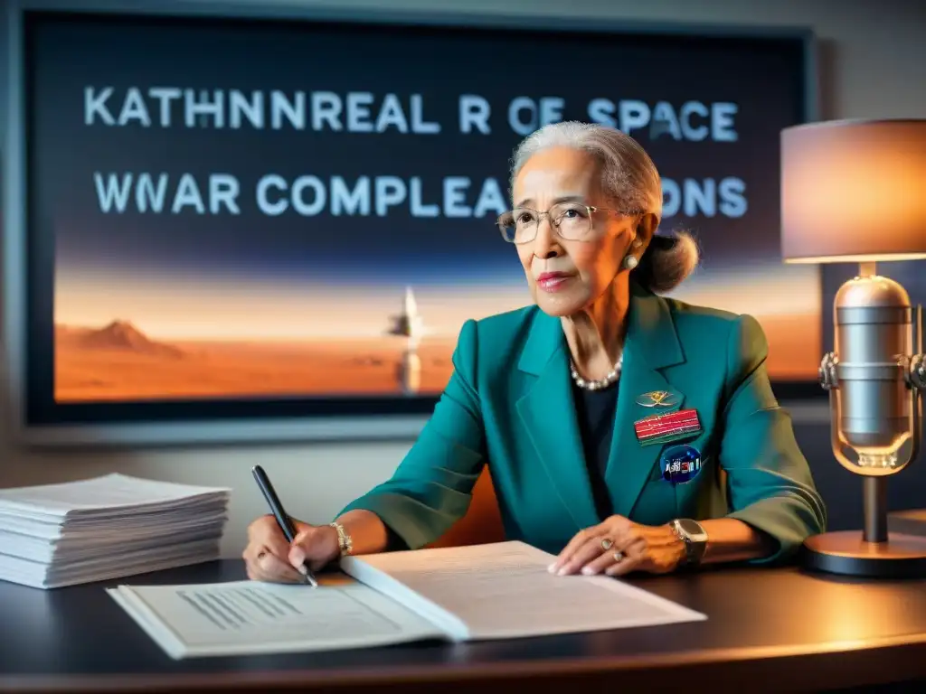 Mujer pionera en la exploración espacial, Katherine Johnson, resolviendo complejas ecuaciones en su escritorio en NASA