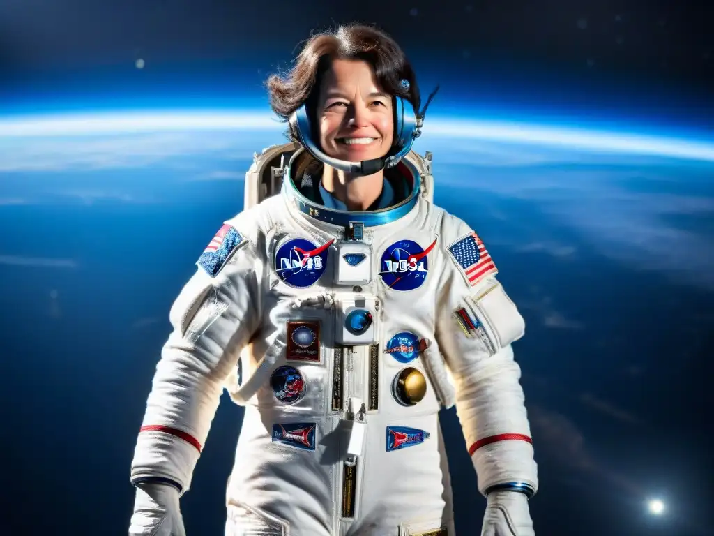 Mujer pionera de la exploración espacial, Sally Ride flota en el espacio con gracia, rodeada de estrellas y la Tierra de fondo