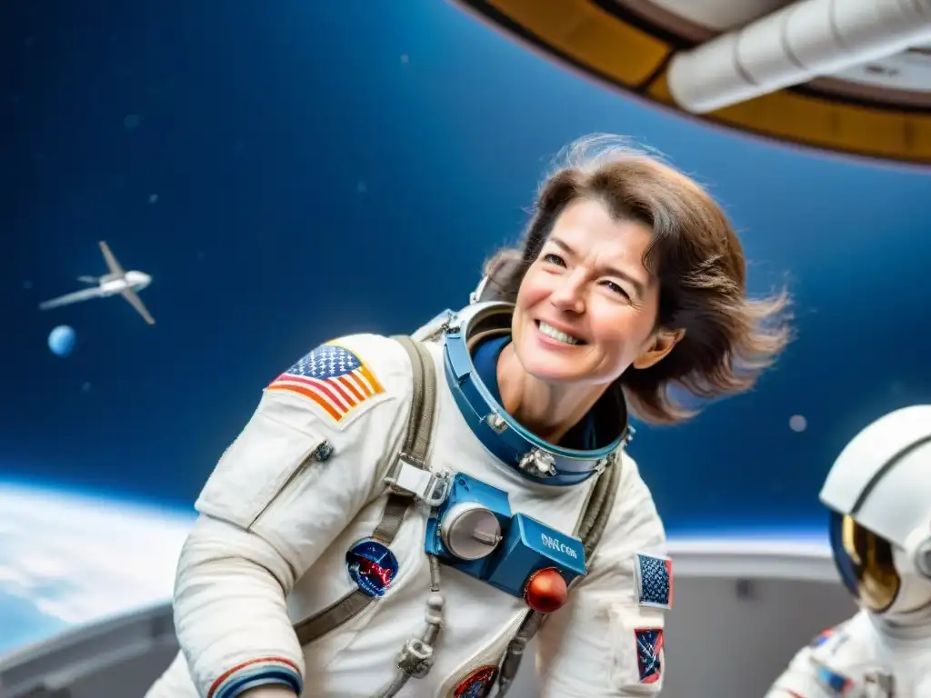 Mujer pionera en exploración espacial, Sally Ride, flota en el espacio, mirando con determinación las estrellas y la Tierra