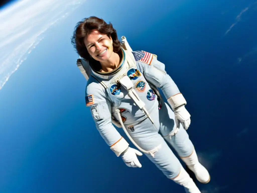 Mujer pionera de la exploración espacial, Sally Ride, flota en el espacio con la Tierra de fondo, expresando asombro y determinación