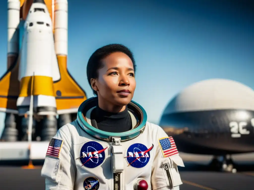 Mujer pionera en la exploración espacial, Mae Jemison, frente al transbordador espacial Endeavour, con la Tierra de fondo