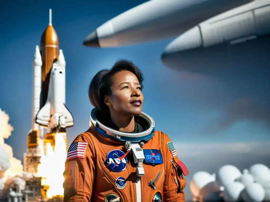 Mujer pionera de la exploración espacial, Mae Jemison, admirando el cosmos desde su traje de astronauta