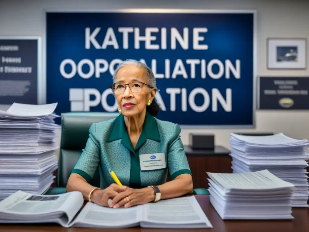 Mujer pionera en la exploración espacial: Katherine Johnson en su oficina de NASA, rodeada de cálculos y determinación en los años 60