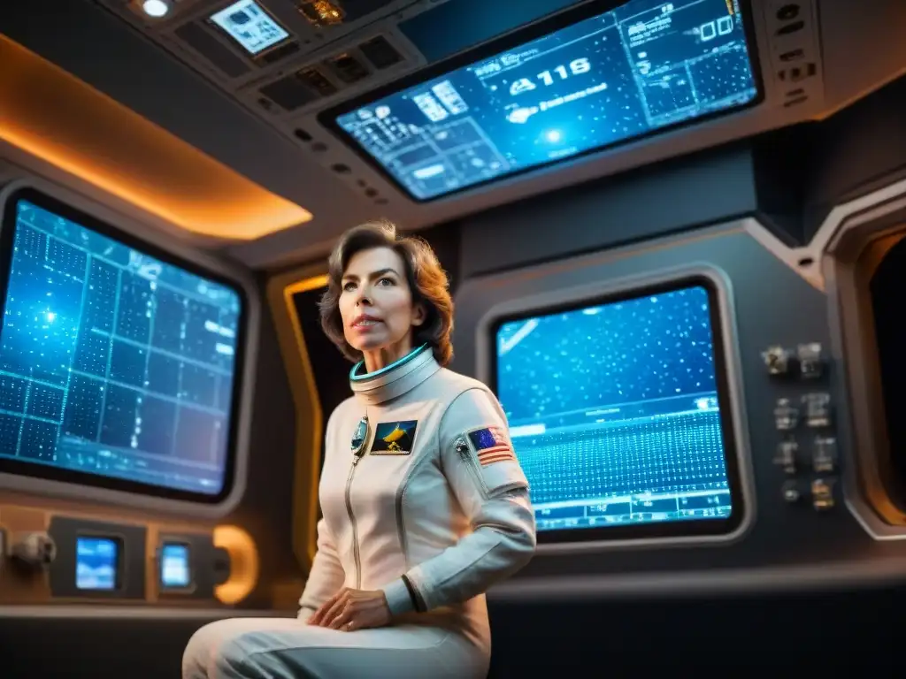 Mujer pionera en exploración espacial Ellen Ochoa flotando en la ISS, rodeada de tecnología y la Tierra de fondo