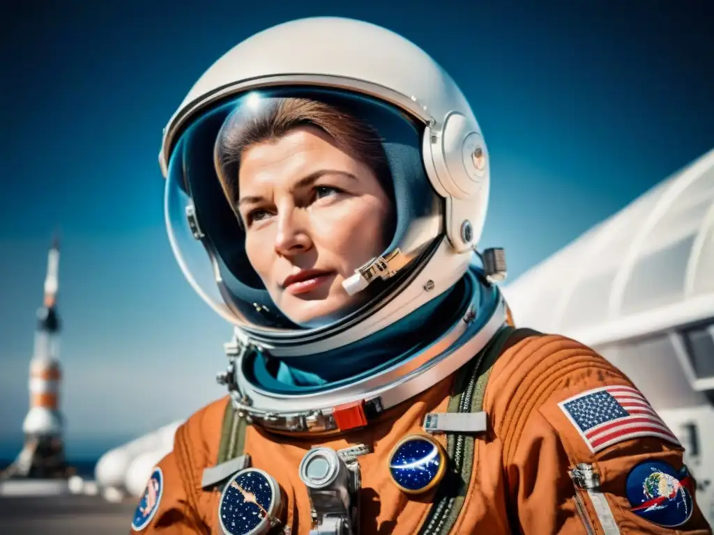 Mujer pionera en la exploración espacial Valentina Tereshkova lista para abordar la nave Vostok 6, con el espacio estrellado de fondo