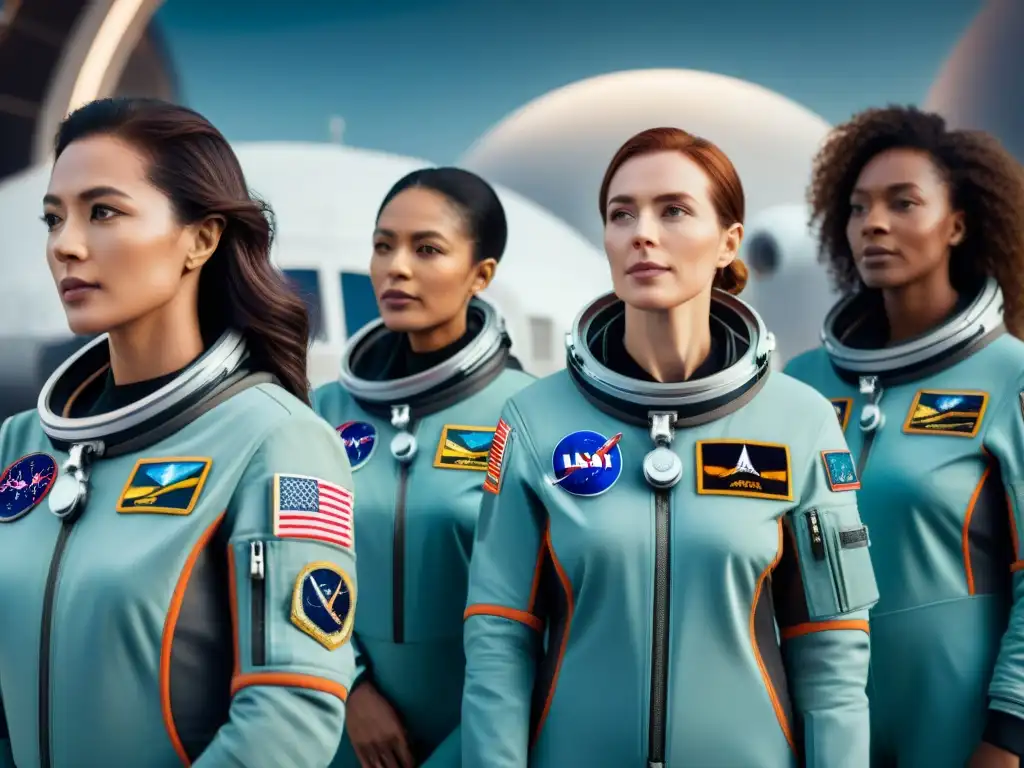 Astronautas femeninas en trajes espaciales avanzados Mujeres astronautas con trajes espaciales adaptados para la exploración en el espacio, en una estación espacial futurista