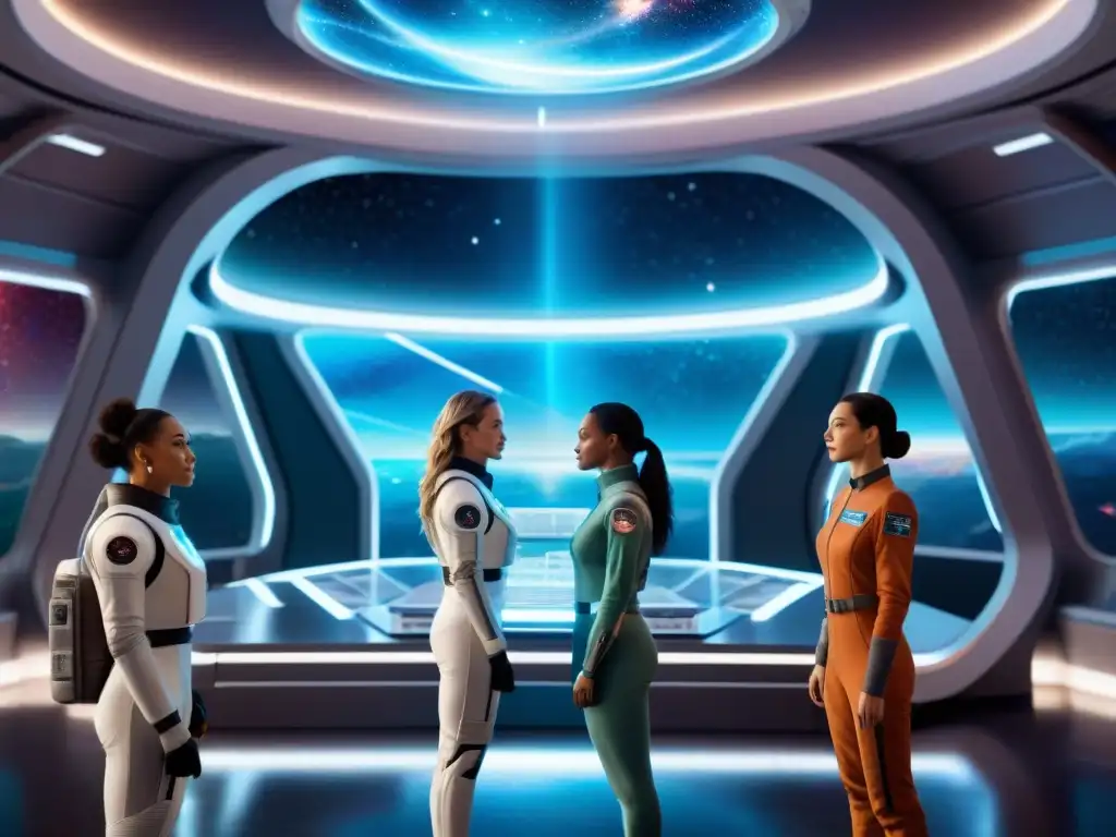 Mujeres en la ciencia ficción: Grupo diverso de científicas dialogando en estación espacial futurista, rodeadas de tecnología avanzada y datos científicos holográficos, en una galaxia llena de estrellas y nebulosas