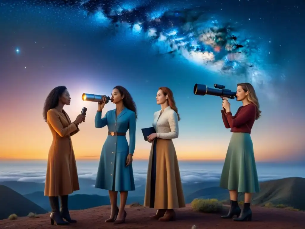 Mujeres pioneras de la astronomía explorando el cosmos con telescopios, simbolizando su determinación y curiosidad