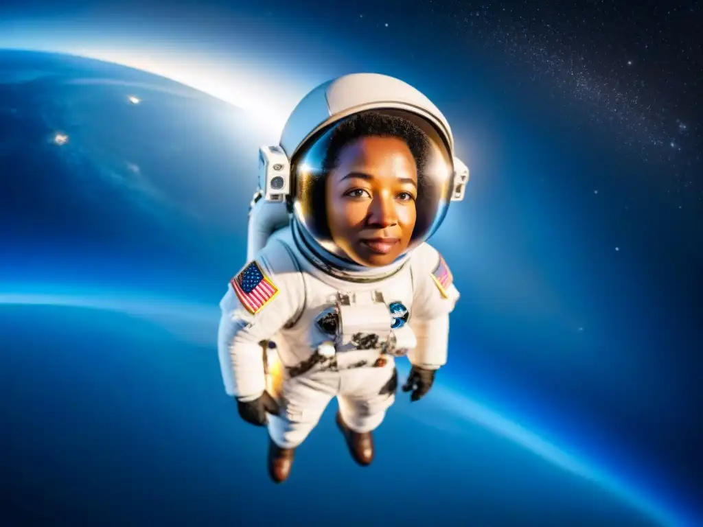 Mujeres pioneras en exploración espacial: Mae Jemison flotando con gracia en el espacio, rodeada de estrellas y galaxias