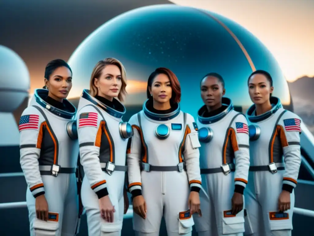 Mujeres pioneras exploración espacial: Grupo de astronautas femeninas frente a nave espacial futurista, con la Tierra de fondo