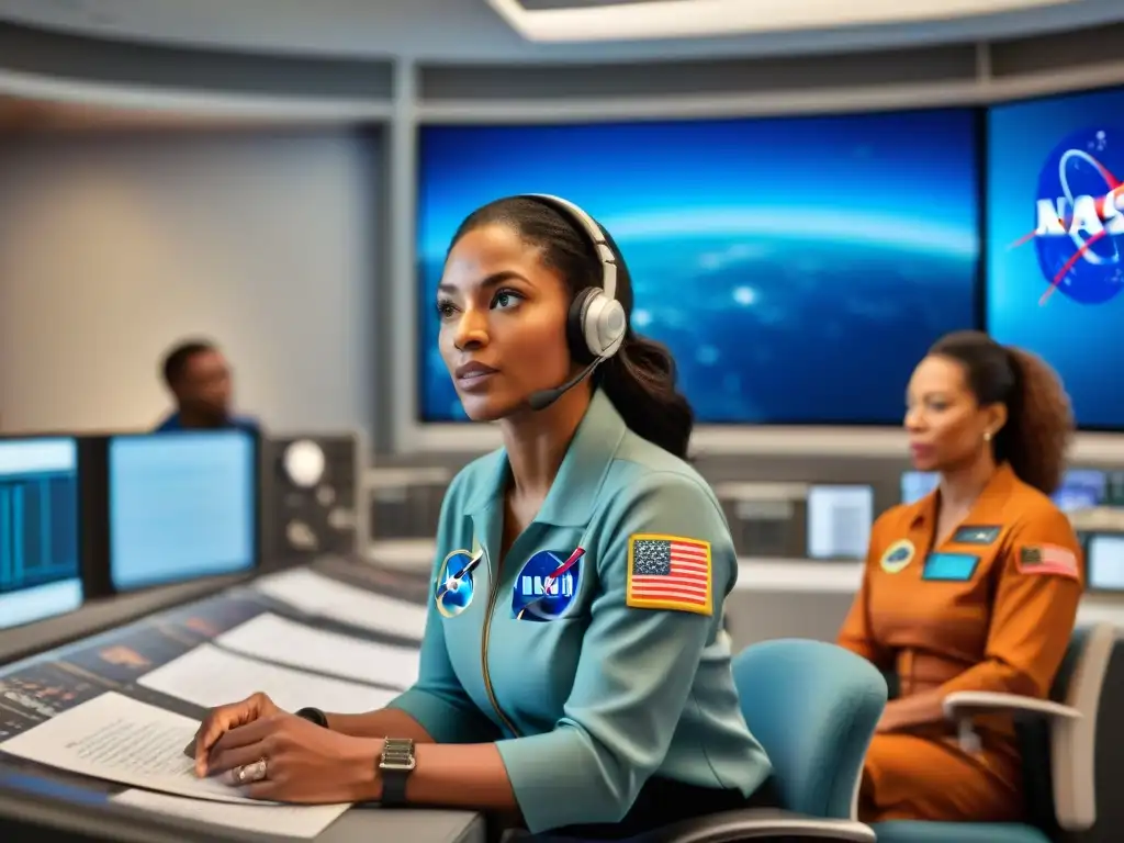 Mujeres pioneras en exploración espacial liderando misión en sala de control de NASA durante la era Apolo