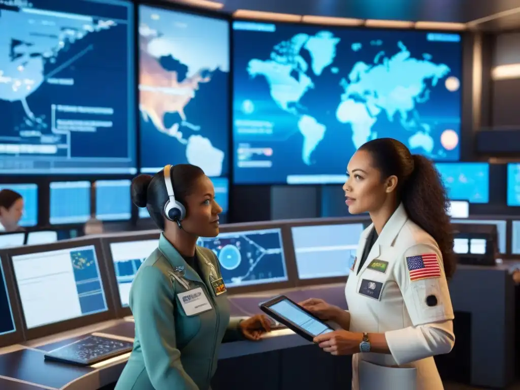 Mujeres pioneras en exploración espacial colaborando en centro de control de misión de alta tecnología