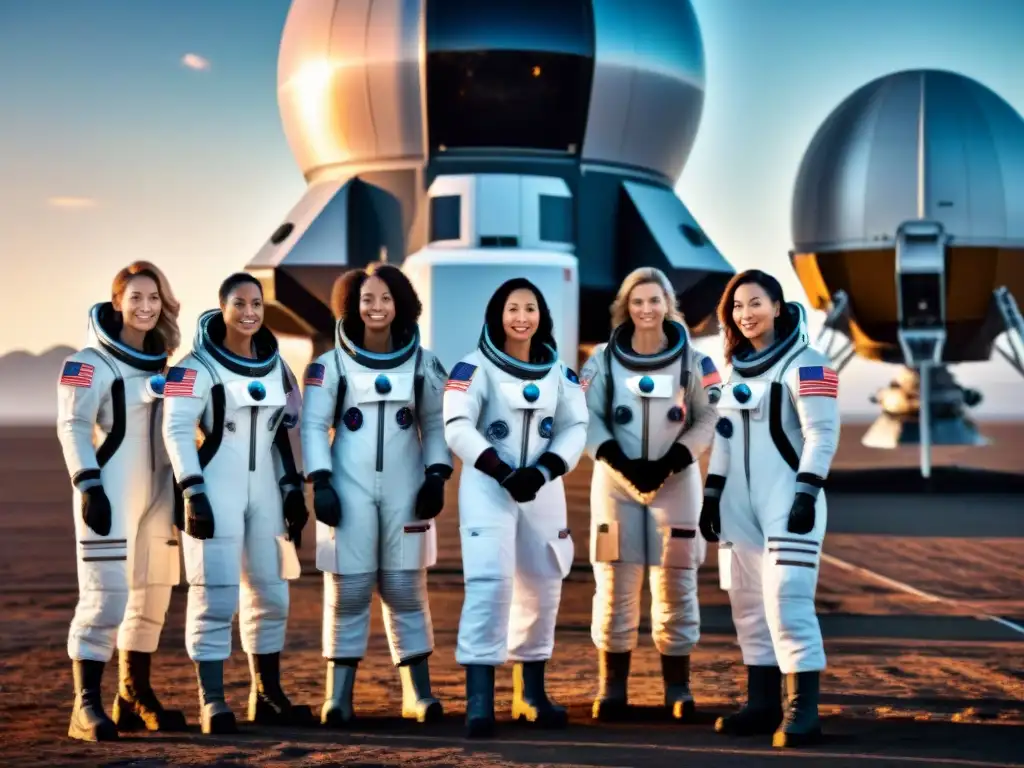 Mujeres pioneras en la exploración espacial, grupo diverso de astronautas frente a nave espacial, unidas y empoderadas ante el desafío del cosmos