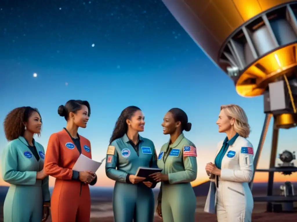 Mujeres pioneras en la exploración espacial reunidas bajo el cielo estrellado, discutiendo junto al telescopio