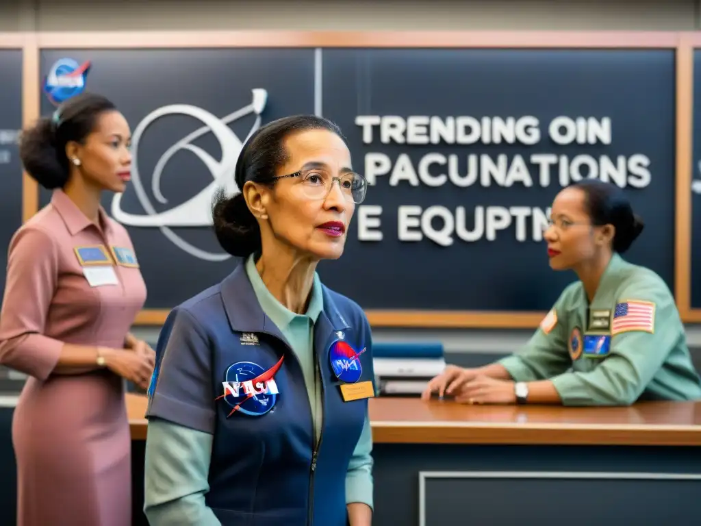 Mujeres pioneras en la exploración espacial: Grupo en NASA con Katherine Johnson, resolviendo ecuaciones espaciales en pizarrón vintage