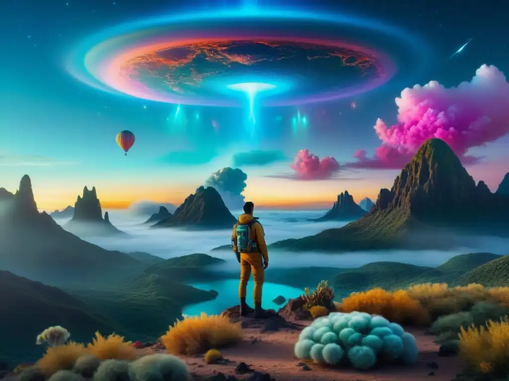 Un mundo alienígena con flora y fauna bioquímicas alternativas para la vida, brillando en la noche