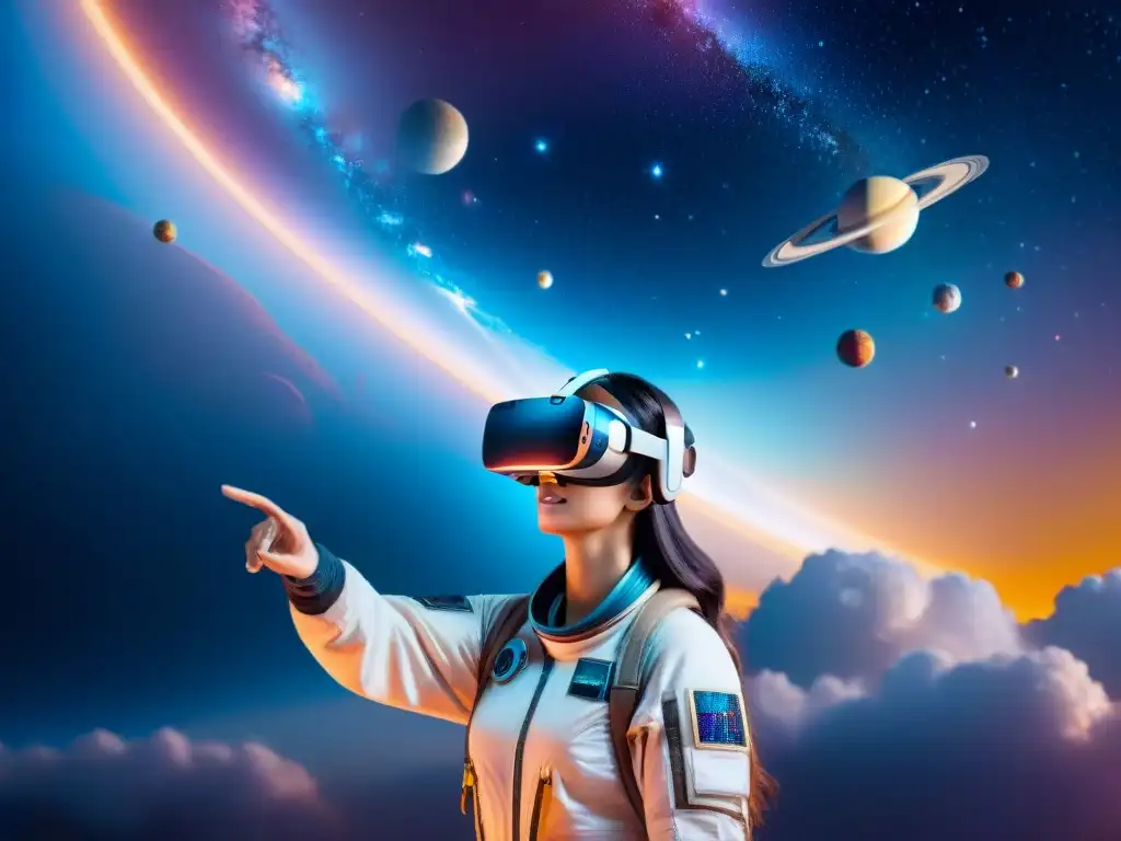 Un mundo de ensueño: un auricular de realidad virtual flotando en el espacio entre galaxias y planetas, creando una escena futurista y envolvente