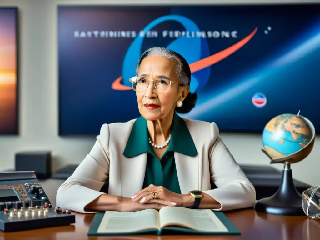 Katherine Johnson, matemática de la NASA, calculando con determinación en su oficina llena de herramientas y pósters espaciales