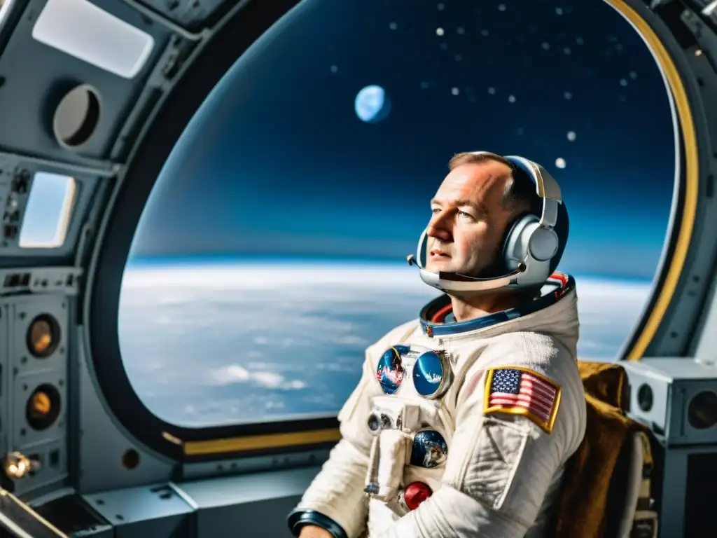 Michael Collins en la nave Apolo 11, contemplando la Luna y la Tierra desde la ventana con expresión reflexiva y determinada