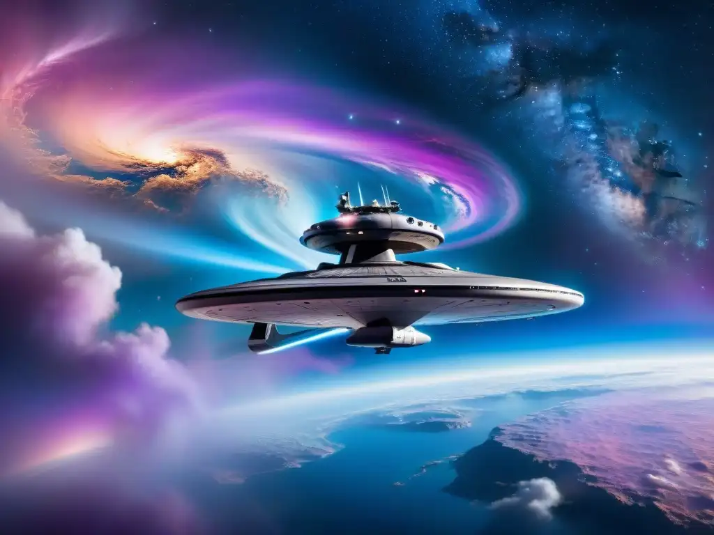 Nave icónica USS Enterprise surcando cosmos entre nebulosa de colores vibrantes, representando espíritu de exploración en el universo