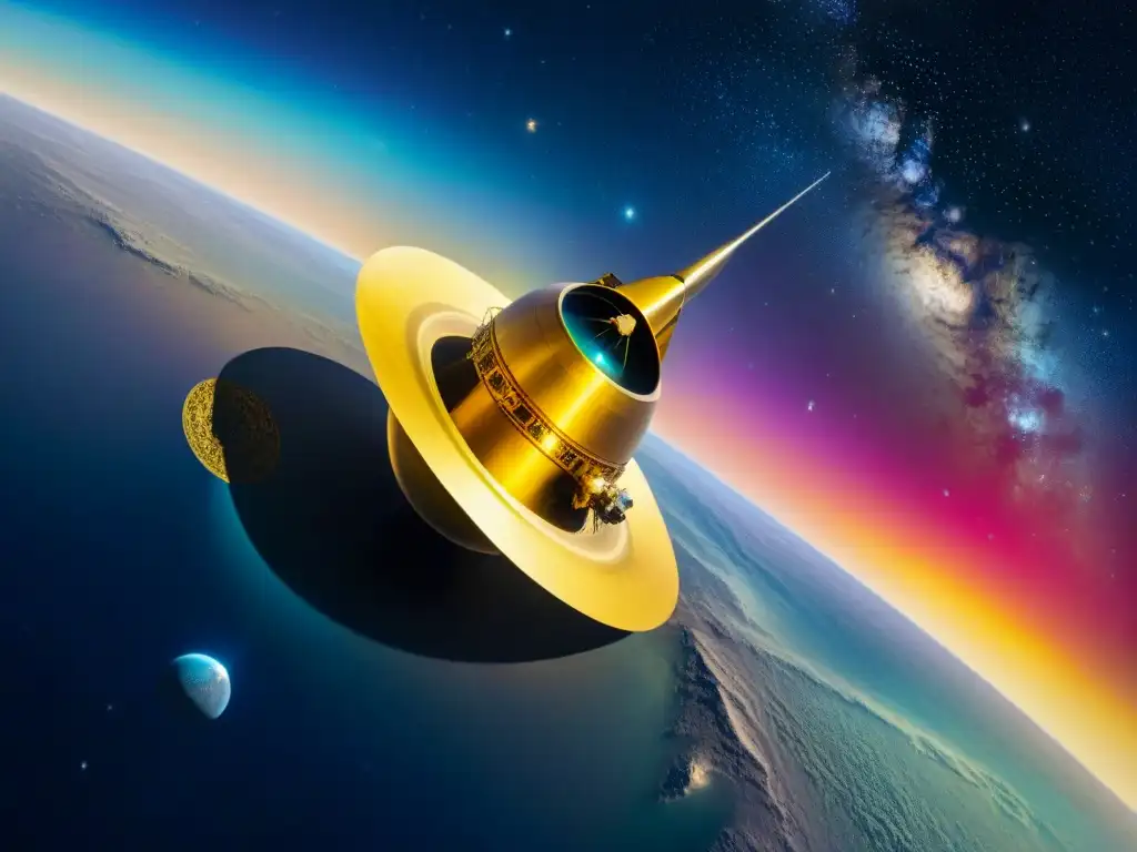 La nave Voyager con el disco dorado viaja entre estrellas, representando el mensaje de humanidad y exploración universal en el cosmos