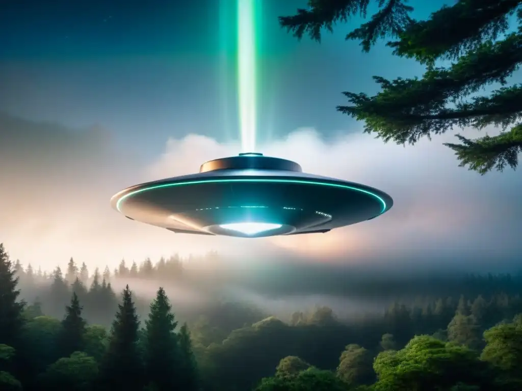 Una nave espacial alienígena se cierne amenazante sobre un bosque, con luces brillantes filtrándose entre los árboles