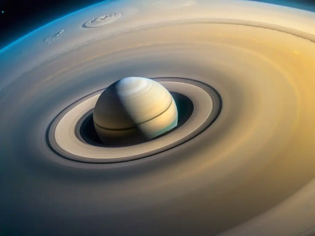 Fotografía de la nave espacial Cassini orbitando Saturno, destacando sus majestuosos anillos