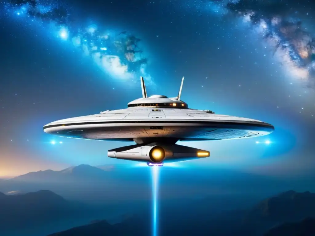 Nave espacial USS Enterprise de 'Star Trek' en diseño ultradetallado, destacando en galaxia estrellada