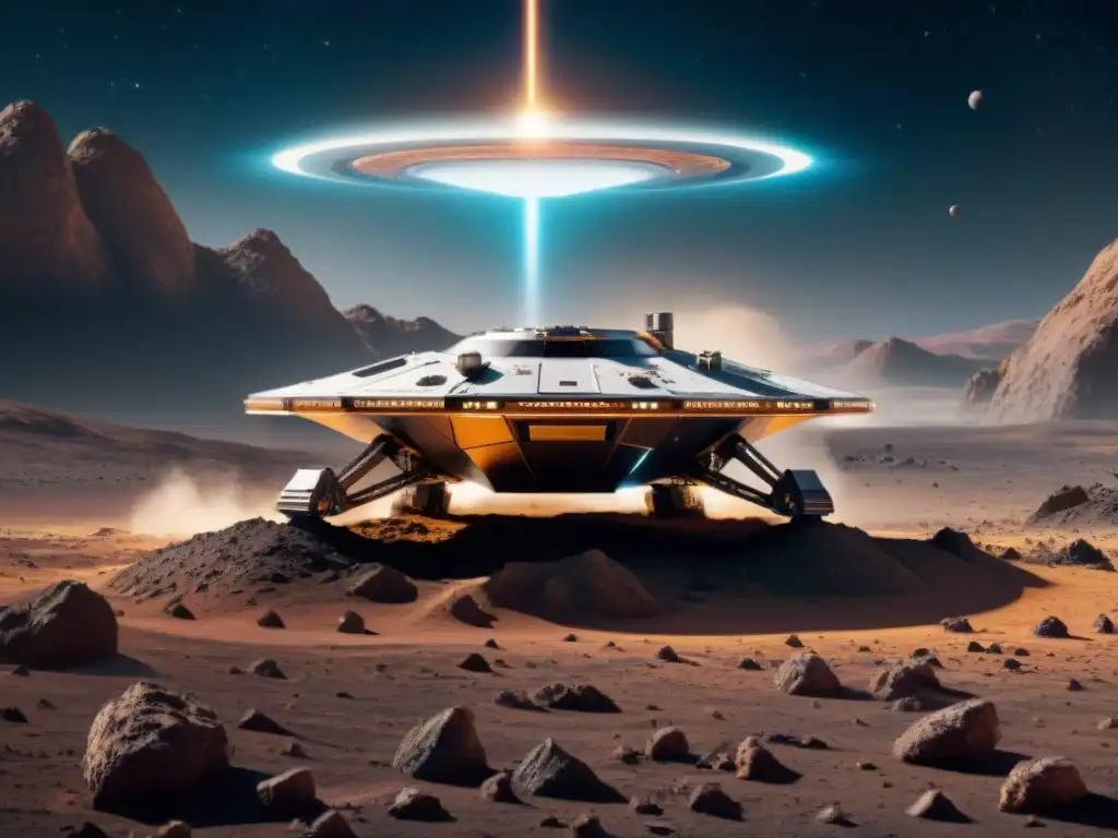 Nave espacial futurista minando asteroides en 8k Una nave espacial futurista con brazos robóticos, minando en un asteroide en el espacio