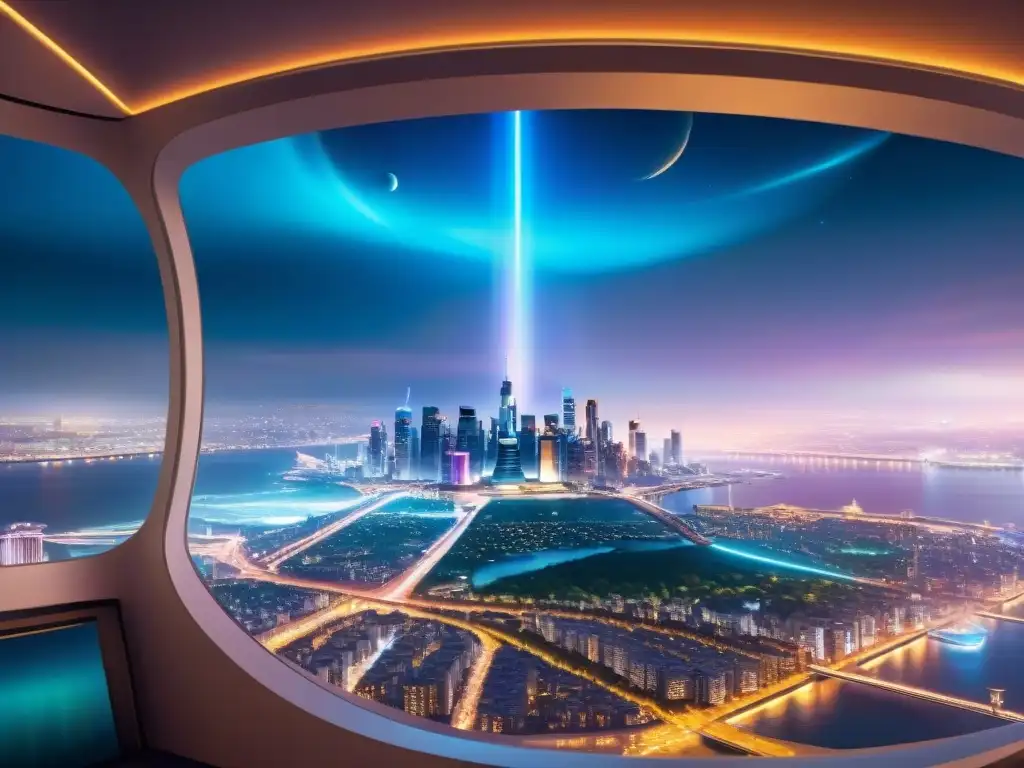 Una nave espacial futurista brilla sobre una ciudad vibrante, reflejando luces neón en su casco metálico