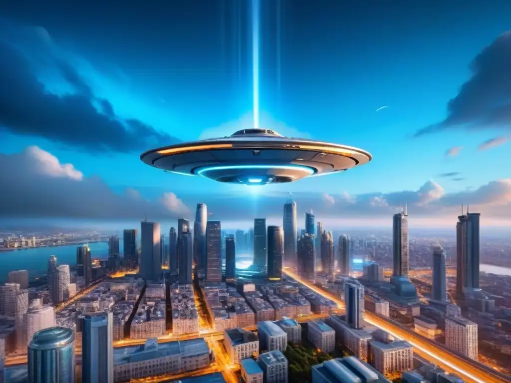 Nave espacial futurista sobre ciudad vibrante Una nave espacial futurista sobrevuela una ciudad bulliciosa, con tecnología avanzada y una población diversa en las calles