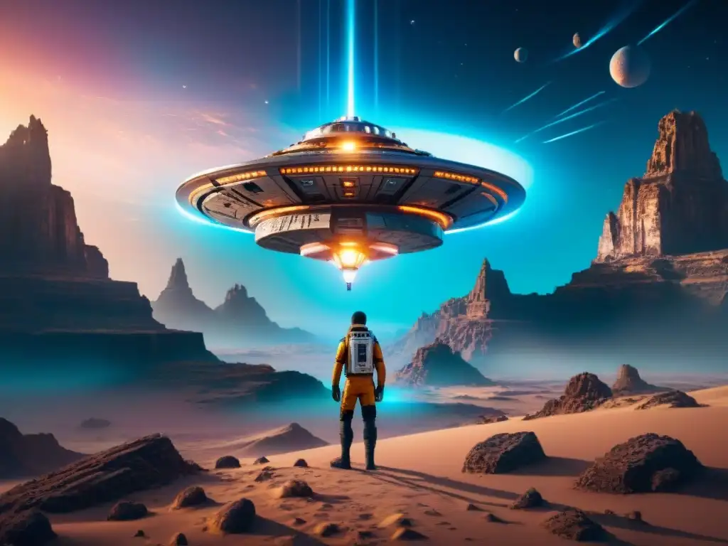 Nave espacial futurista con códigos ocultos sobre planeta alienígena, ruinas antiguas y nebulosa en el cielo estrellado