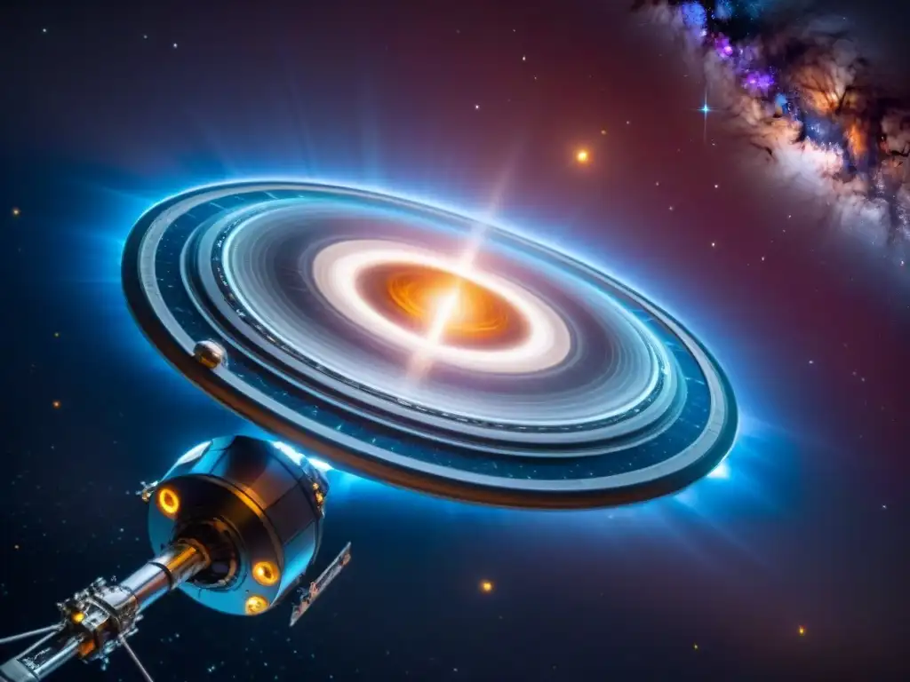 Una nave espacial futurista equipada con telescopios avanzados busca vida en sistemas estelares, iluminada por estrellas y nebulosas