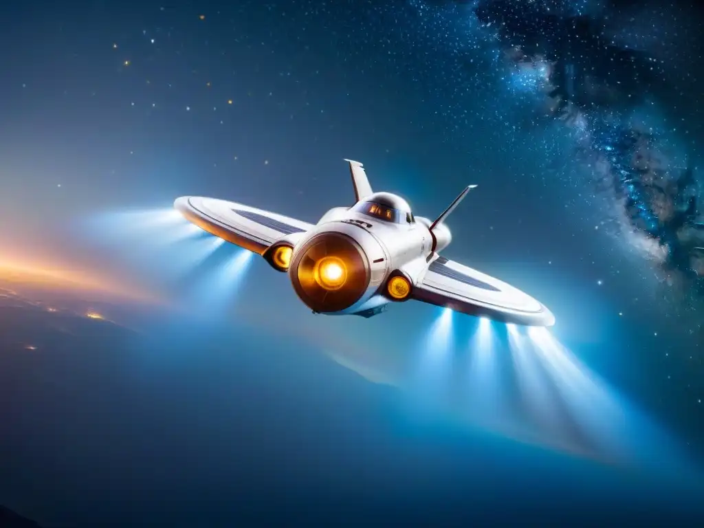 Nave espacial futurista surcando el cosmos en un deslumbrante viaje estelar Una nave espacial futurista surcando el espacio, iluminada por sus motores, rodeada de estrellas y galaxias