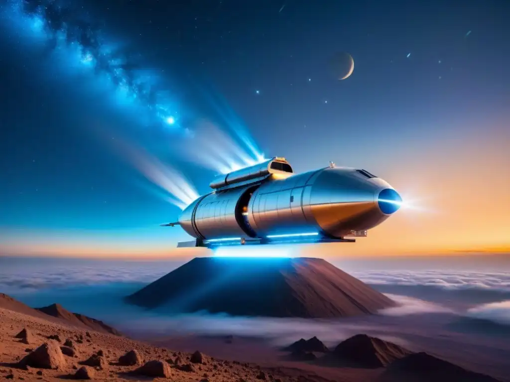 Una nave espacial futurista con propulsión iónica avanza entre estrellas y galaxias, reflejando el avance en propulsión espacial