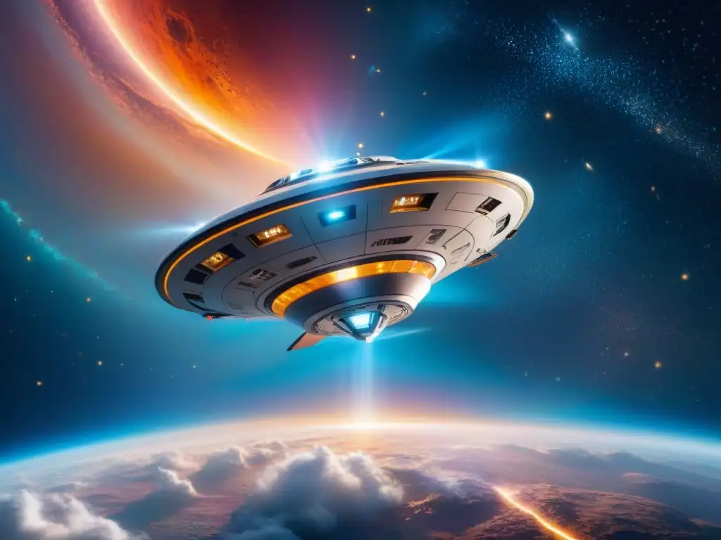 Exploración espacial: nave futurista surcando galaxia vibrante Un nave espacial futurista sobre una galaxia vibrante con estrellas y polvo cósmico, ideal para paquetes de viaje espacial