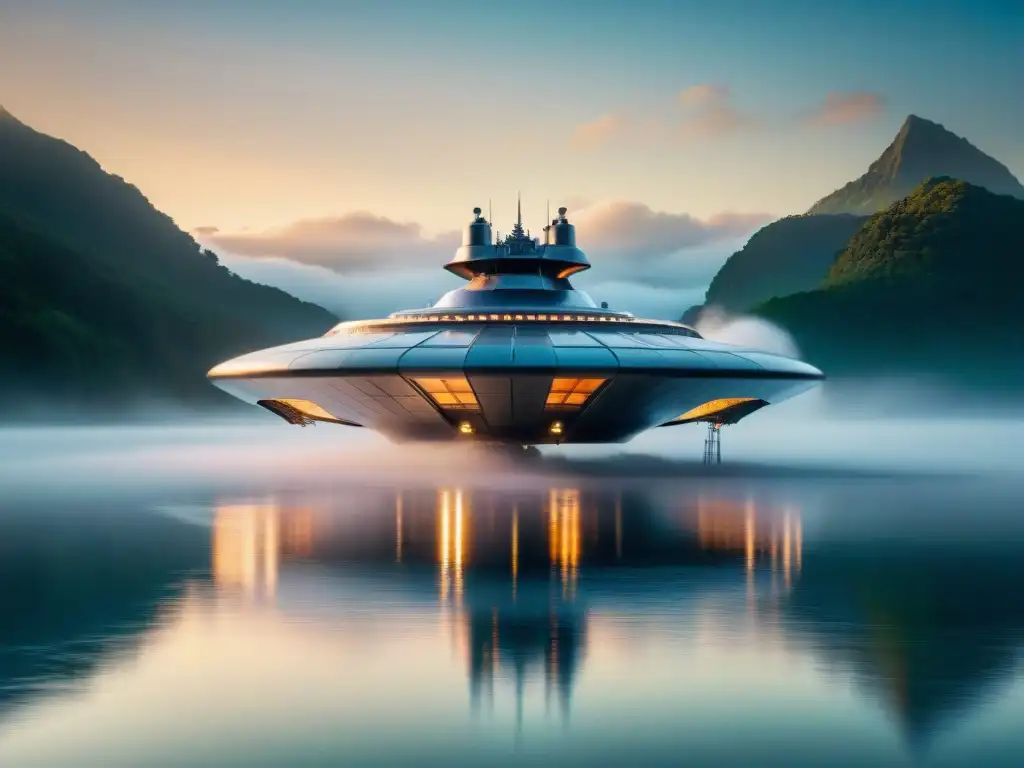 Una nave espacial futurista flotando sobre un lago al amanecer