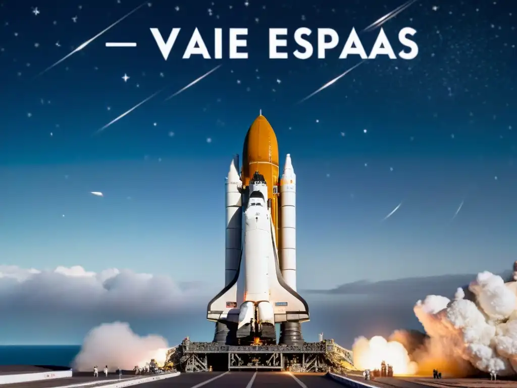 Una nave espacial futurista listá para el lanzamiento en la noche, con una pareja de astronautas mirando emocionados, 'Viajes espaciales para parejas'