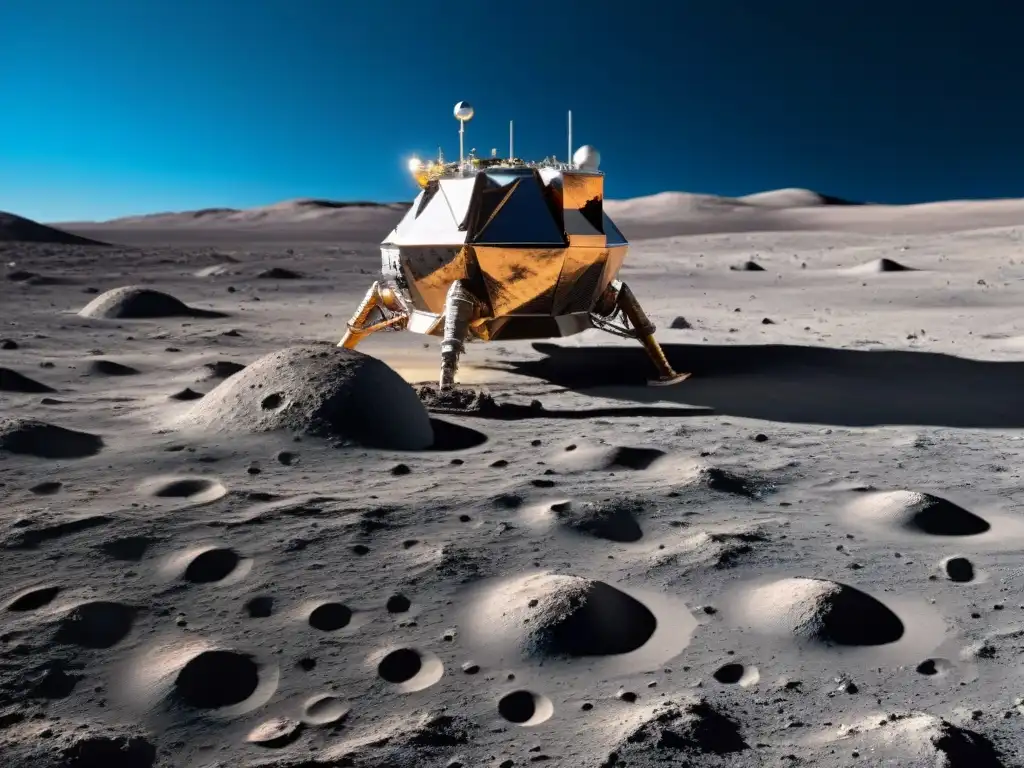 Nave espacial futurista flotando sobre la luna, con paneles solares y sensores, destacando la exploración espacial autónoma sin tripulación