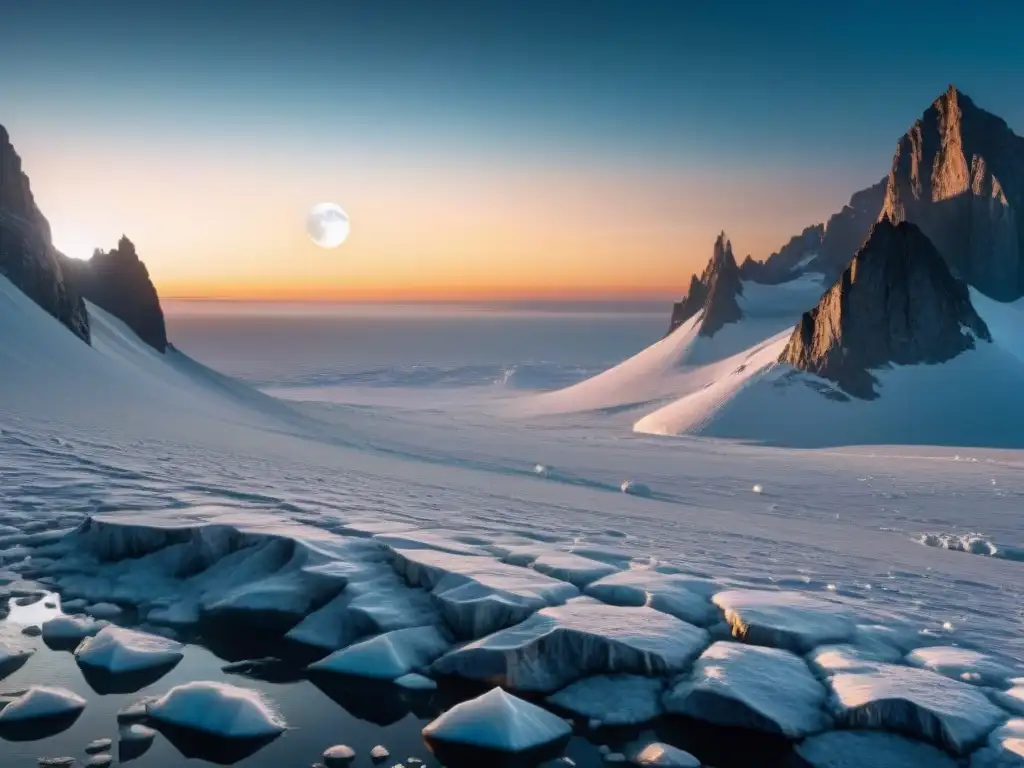 Una nave espacial futurista descendiendo hacia una luna helada, con acantilados de hielo y tecnología para explorar lunas heladas