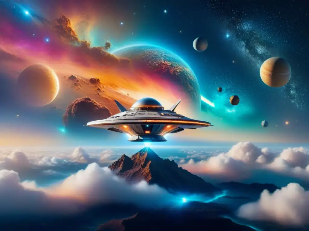 Nave espacial futurista surca nebulosa cósmica Una nave espacial futurista explorando maravillas del universo en una nebulosa de colores vibrantes y polvo cósmico