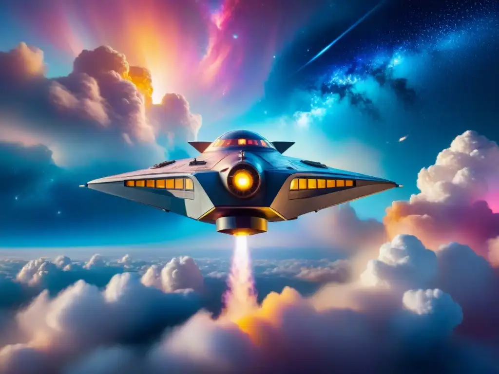 Nave espacial futurista explorando nebulosa colorida Nave espacial futurista explorando maravillas universo ciencia ficción en nebulosa de colores y estrellas brillantes