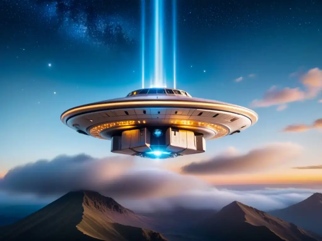 Una nave espacial futurista misteriosa en un paisaje sereno, rodeada de energía brillante