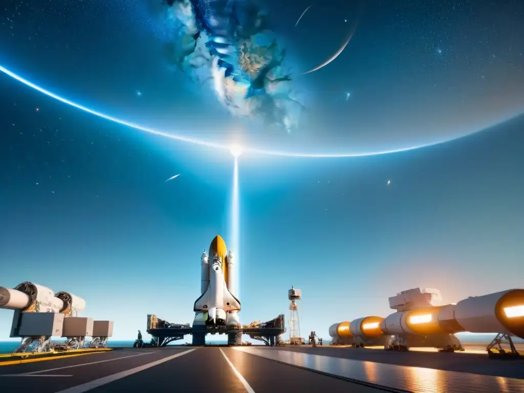 Estación espacial futurista con nave nanotecnológica en 8k Una nave espacial futurista con nanotecnología en la exploración espacial en una estación rodeada de estrellas brillantes