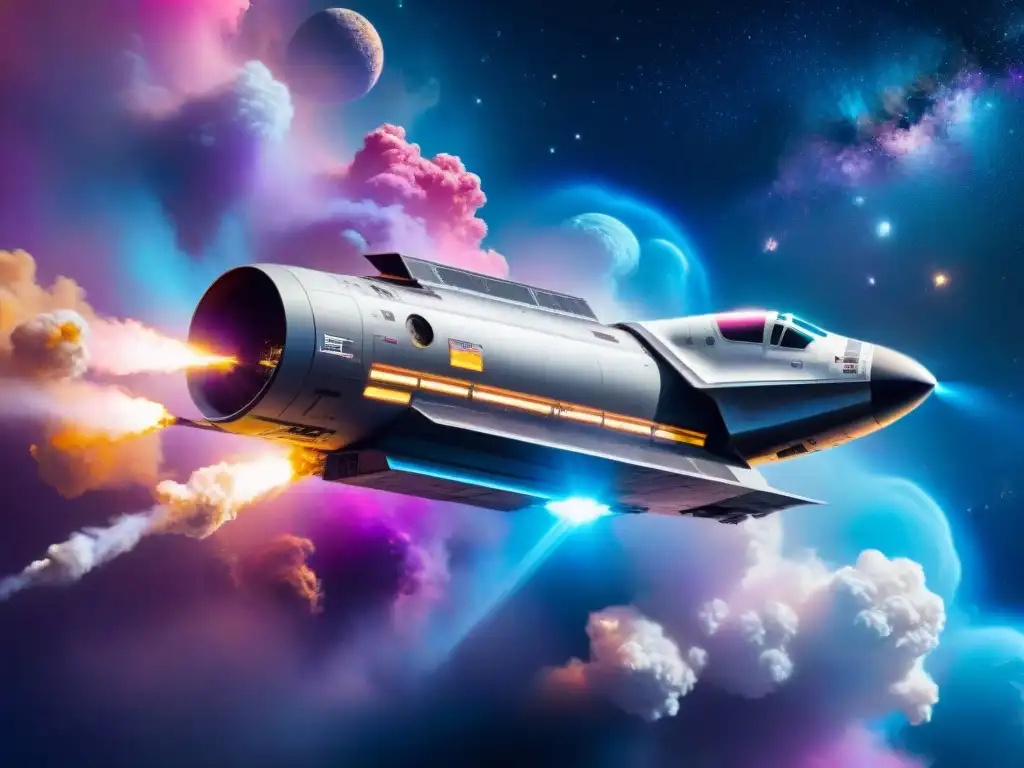 Una nave espacial futurista surca una nebulosa colorida, reflejando la luz de estrellas distantes