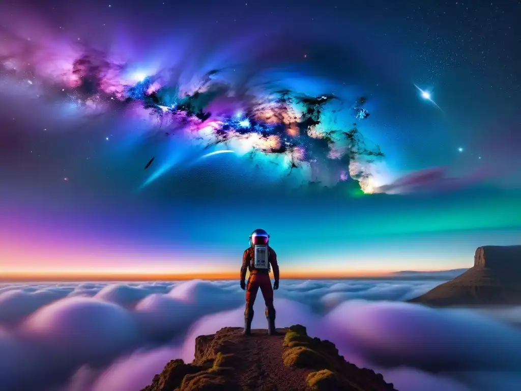 Nave espacial futurista surcando nebulosa vibrante Una nave espacial futurista surca una nebulosa vibrante llena de colores, estrellas y tecnología avanzada