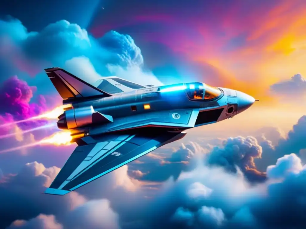 Nave espacial futurista surcando nebulosa vibrante Nave espacial futurista surcando una nebulosa vibrante, reflejos metálicos detallados y un halo azul brillante