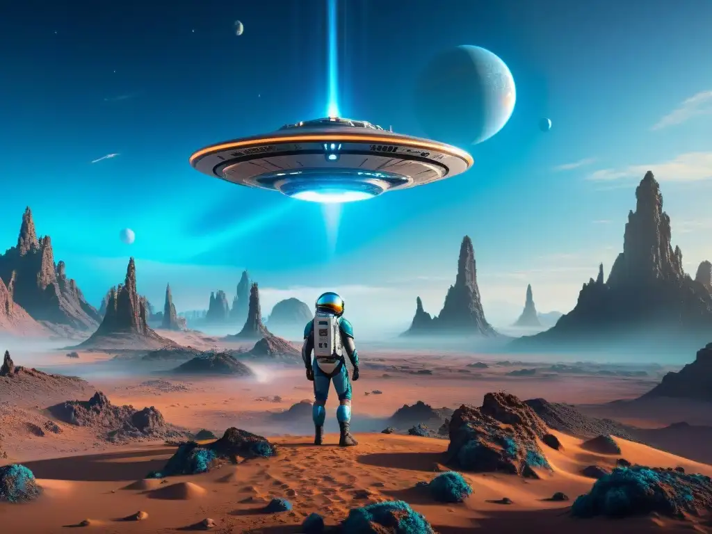 Nave espacial futurista sobre paisaje alienígena vibrante Una nave espacial futurista surcando un paisaje alienígena vibrante en un exoplaneta