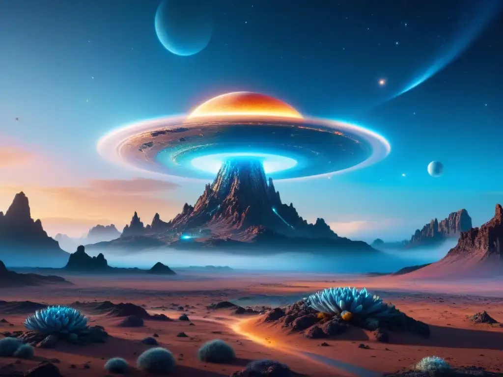 Futurista nave espacial sobre exoplaneta alienígena en 8K Nave espacial futurista sobre paisaje alienígena, exploración exoplanetas ciencia ficción influencia