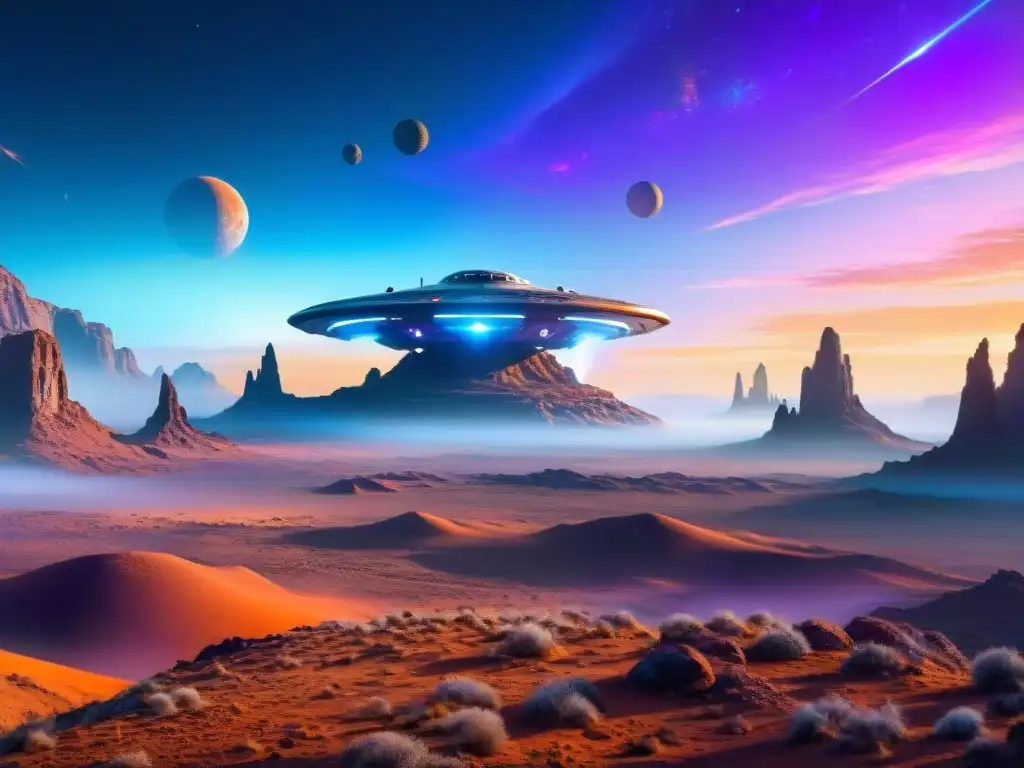 Nave espacial futurista en paisaje alienígena con lunas, diseño gráfico en videojuegos espaciales